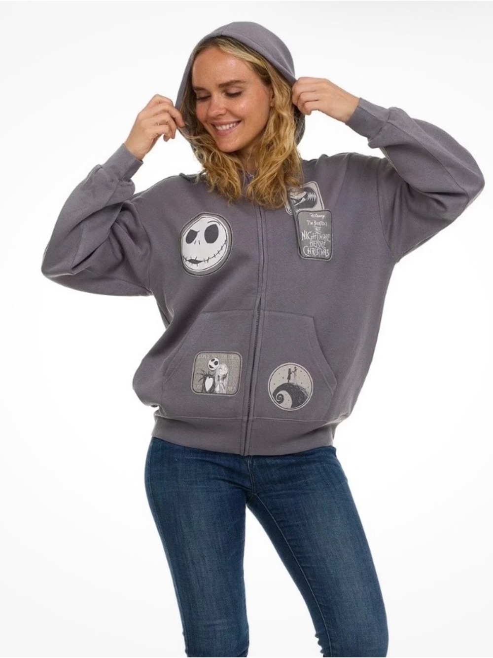 Disney Nightmare Before Christmas Purple-Gray Zip Hoodie with Patch Art - Picture 4 of 5